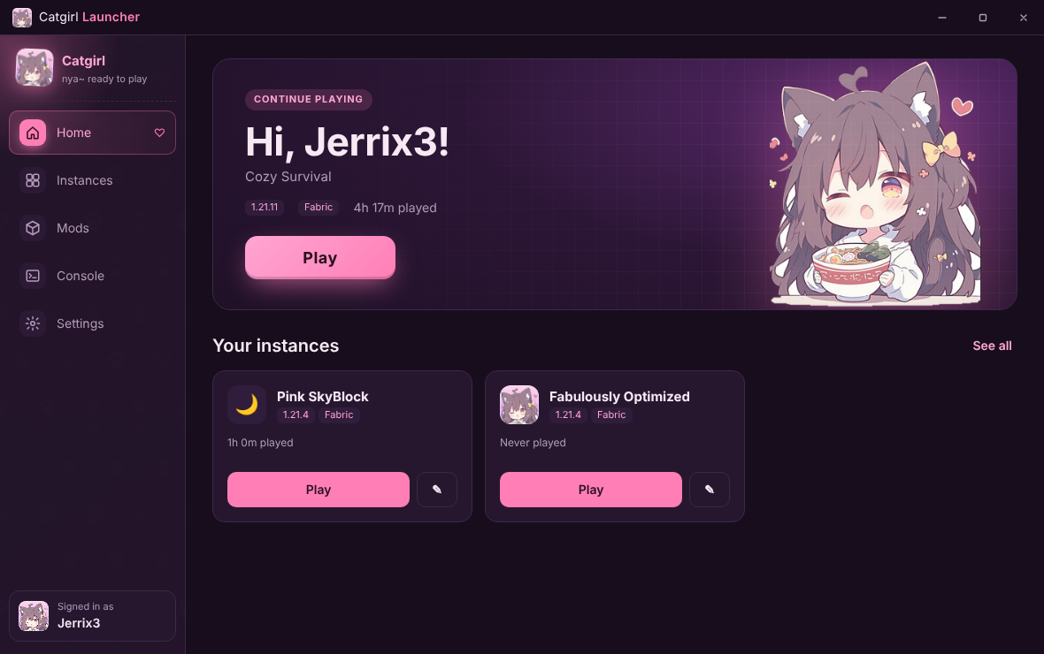 The Catgirl Client home screen with a Play button and your instances