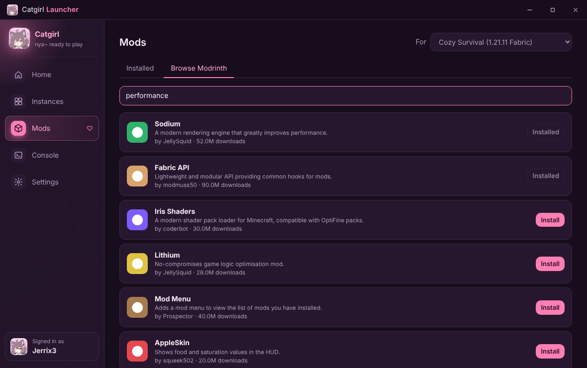 Browsing Modrinth mods from inside the launcher
